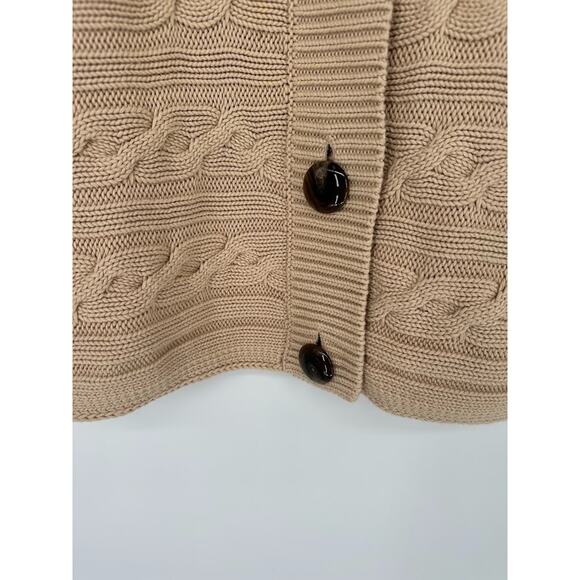 Talbots Sweater Tan Chunky Cable Knit Cardigan Short Sleeve Fisherman Size LP - Picture 3 of 8